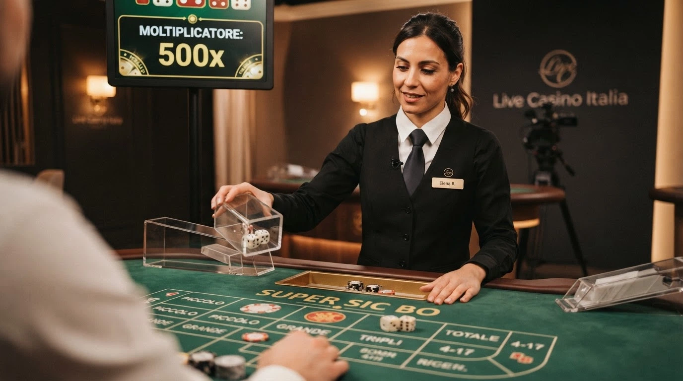 Un croupier in uniforme dietro un tavolo da Super Sic Bo di Evolution, con lo schermo dei moltiplicatori acceso sopra il tavolo