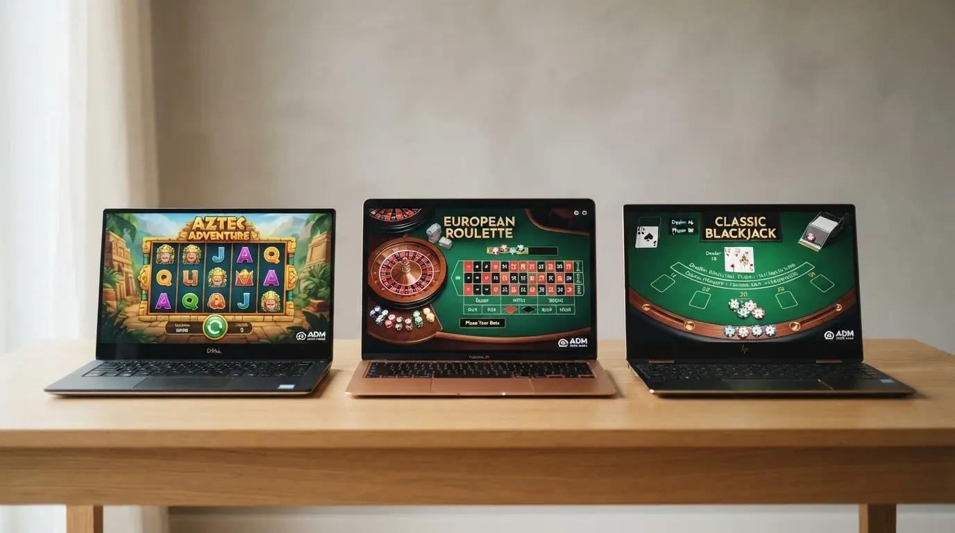 Schermata divisa di tre interfacce di casinò online ADM che mostrano la modalità demo attiva su slot diverse, con il simbolo del lucchetto ADM in sovrimpressione