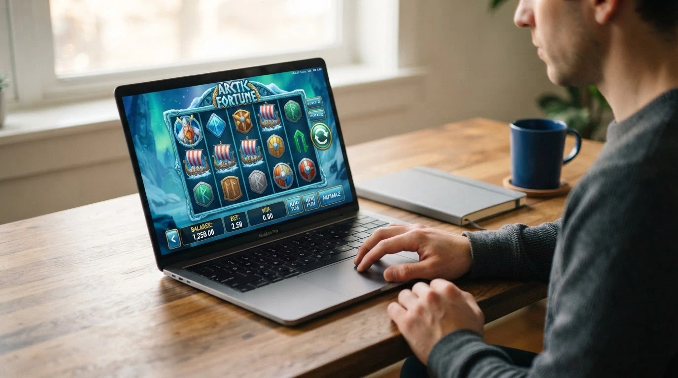 Lo schermo di un computer portatile che mostra l'interfaccia demo di una slot VLT con il contatore di denaro virtuale in evidenza e il pulsante «prova gratis».