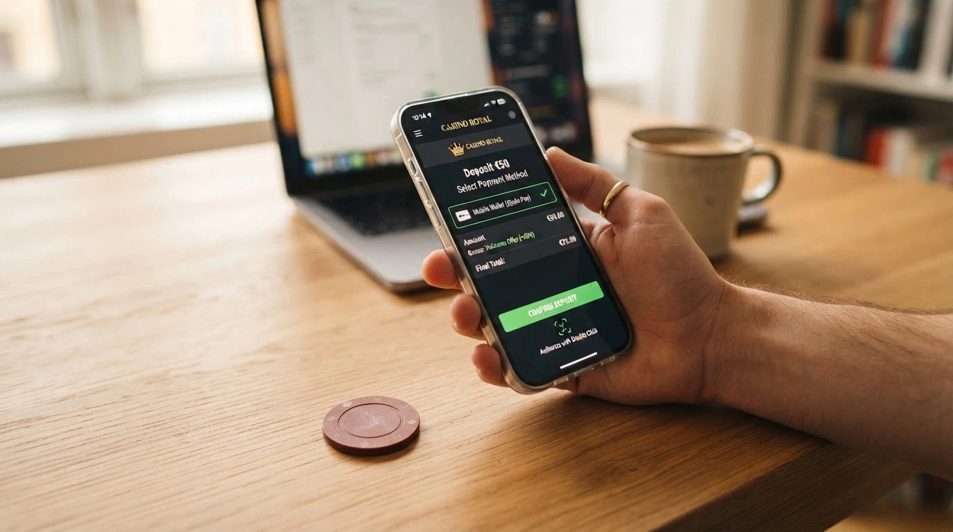 L'interfaccia della cassa di un casinò online su schermo iPhone con Apple Pay selezionato come metodo, l'importo del deposito e il pulsante di conferma
