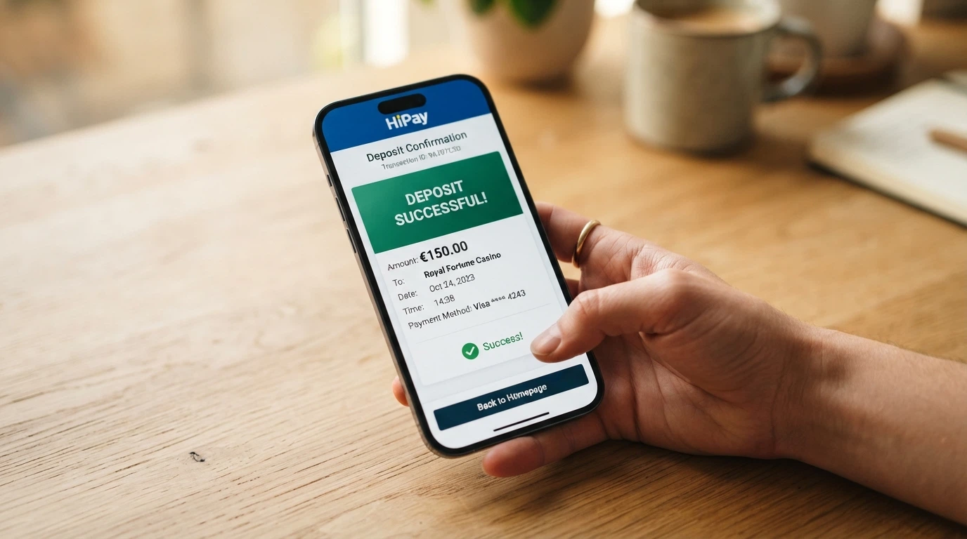 Schermata della procedura di deposito con HiPay: importo selezionato, reindirizzamento al gateway e conferma della transazione