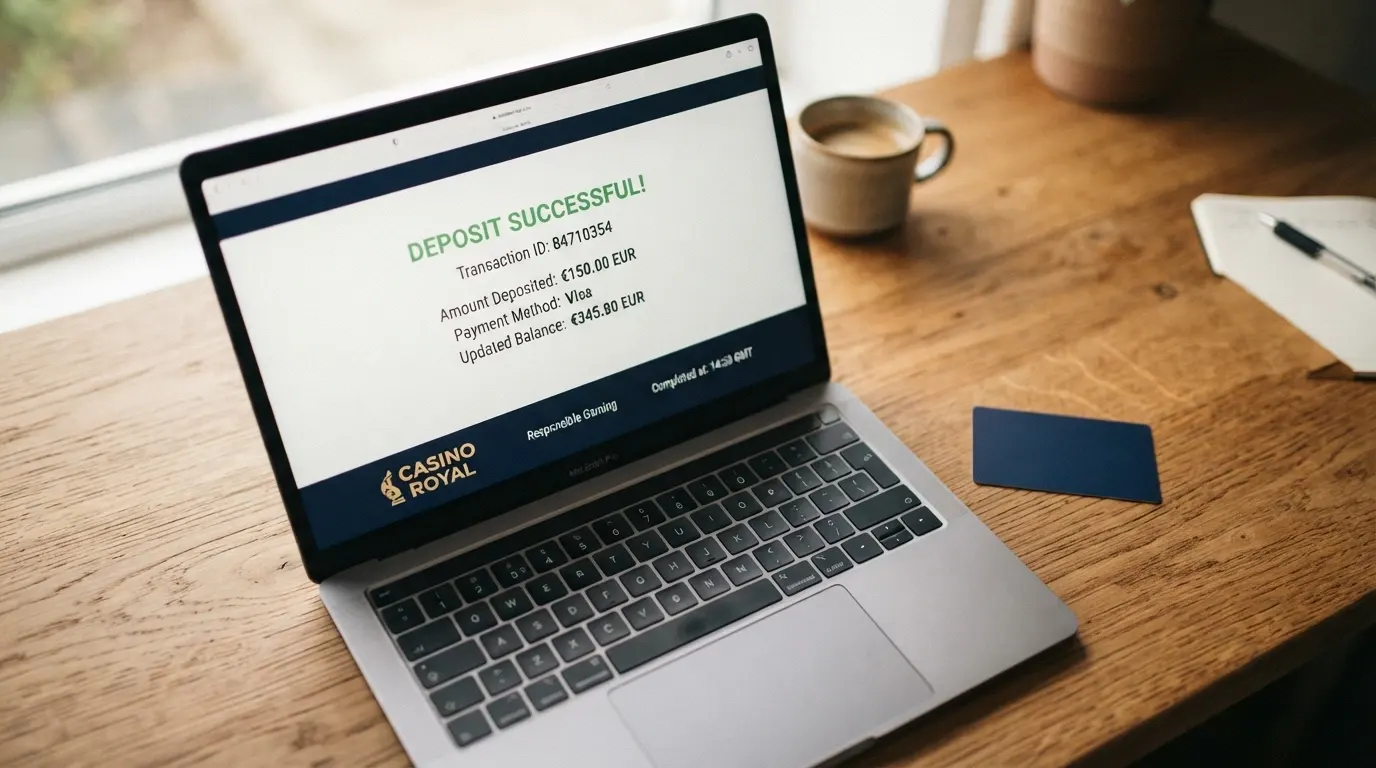 Una schermata di riepilogo di un deposito completato con Nexi su un casinò online, con l'importo in euro e il saldo gioco aggiornato, visualizzata su un laptop affiancato da una carta Nexi.