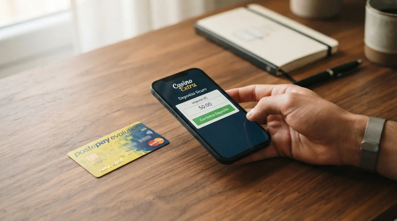 Un telefono con l'interfaccia di deposito di un casinò online e una carta PostePay in primo piano, frecce che indicano il flusso di denaro in entrata e in uscita