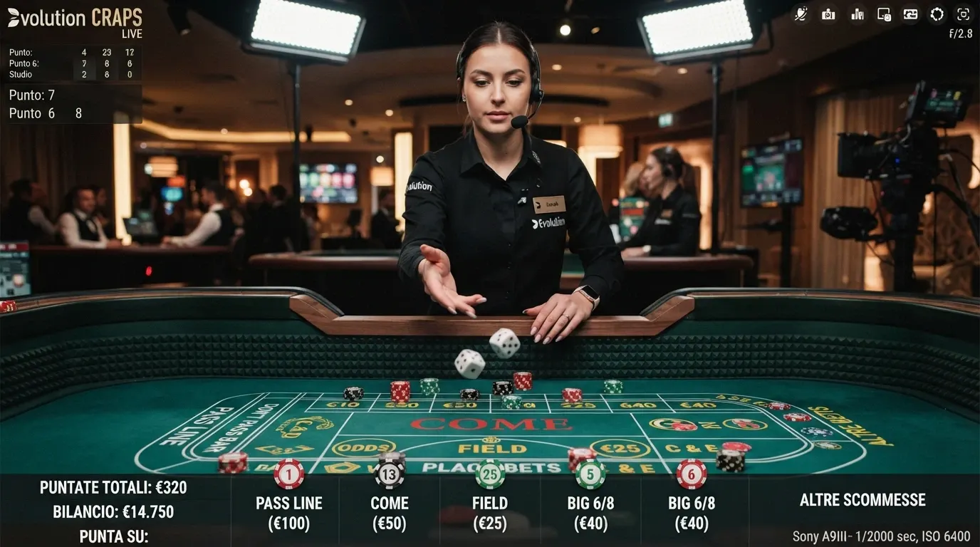 Dealer dal vivo al tavolo di Evolution Craps Live in streaming HD, con dadi fisici, layout del tavolo reale e interfaccia di puntata digitale sovrapposta