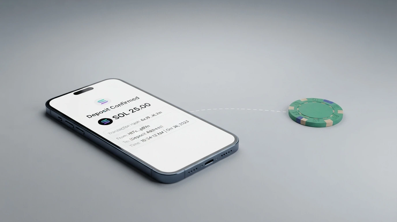 Schema del percorso di un deposito in SOL: wallet Phantom, conferma on-chain e accreditamento sul conto gioco