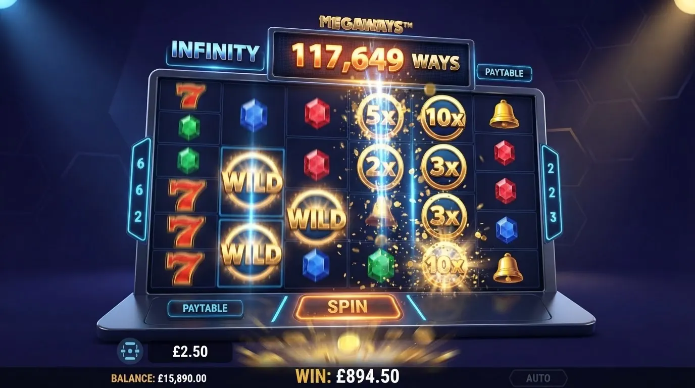 Griglia di una slot Megaways con rulli variabili, simboli a cascata e contatore delle combinazioni