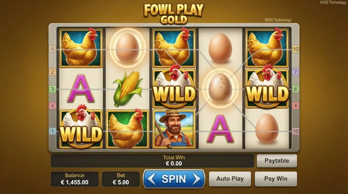 Schermata della slot Fowl Play Gold con la gallina, le uova d'oro e la griglia 5×3 a 10 linee