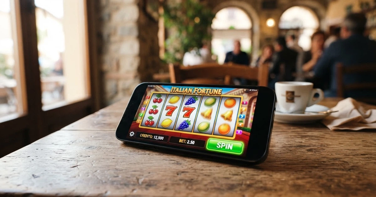 Interfaccia di una slot machine online con rulli colorati, simboli e pulsante spin in primo piano