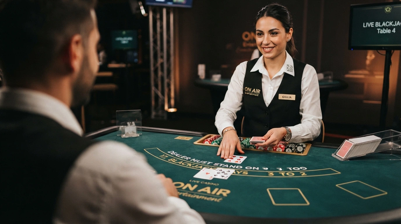 Tavolo di blackjack live con dealer in uniforme, interfaccia di puntata in italiano e carte visibili in primo piano