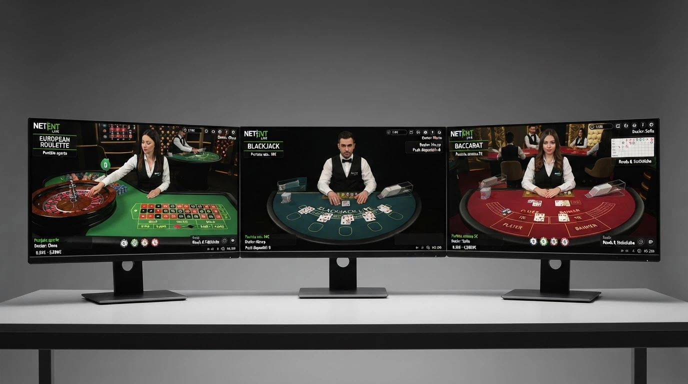 Tre finestre di gioco affiancate: una roulette europea con zero singolo, un tavolo blackjack a 7 posti e un tavolo baccarat, ciascuna con croupier in alta definizione
