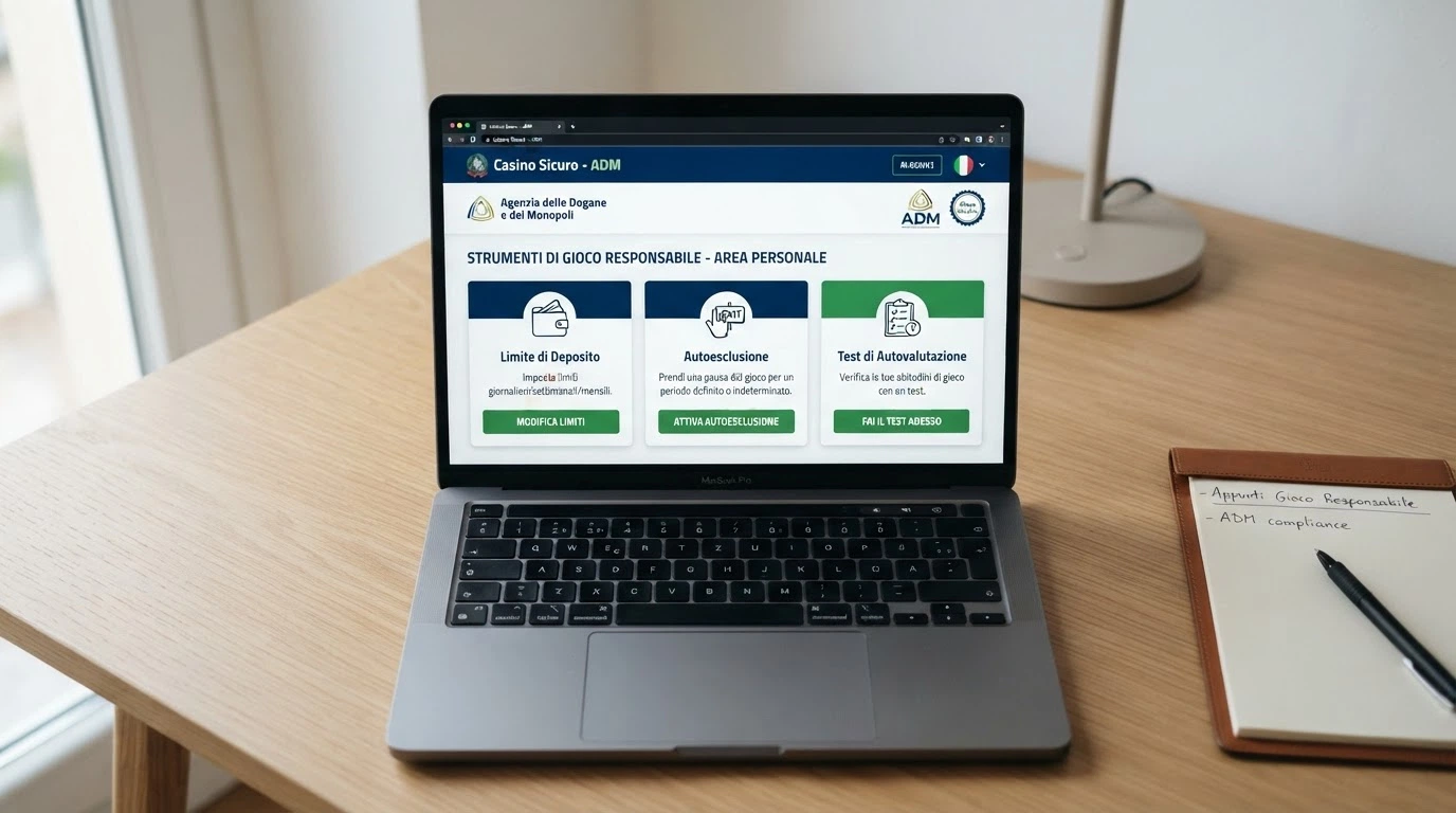 Una dashboard personale di un casinò online con le voci «Limite di deposito», «Autoesclusione» e «Test di autovalutazione» in evidenza su sfondo chiaro
