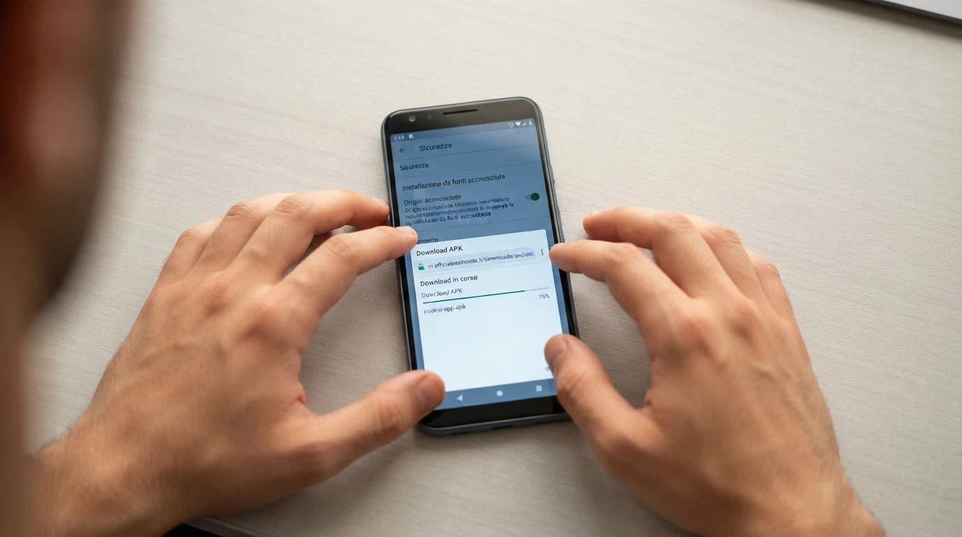 Schermata delle impostazioni Android con l'interruttore «Origini sconosciute» attivato, accanto alla schermata di download di un file APK dal sito di un operatore ADM
