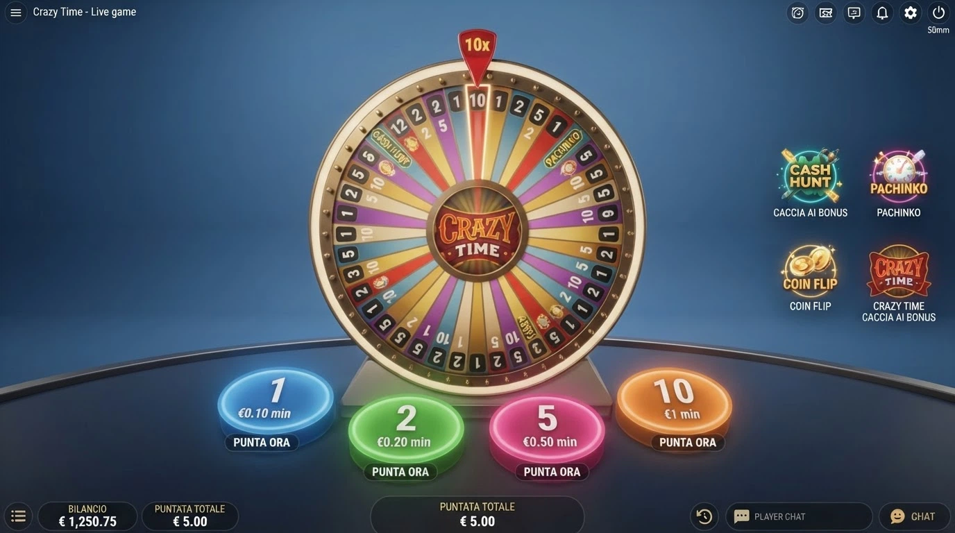 L'interfaccia di gioco di Crazy Time con la ruota della fortuna in primo piano e le quattro puntate disponibili (1, 2, 5, 10) più i giochi bonus laterali visibili sullo schermo