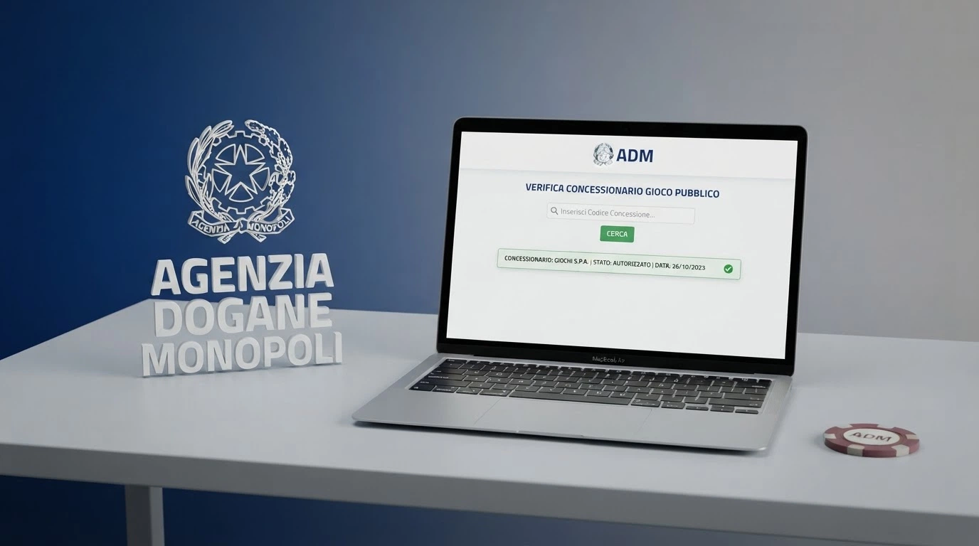 Il logo ufficiale dell'Agenzia delle Dogane e dei Monopoli accanto alla schermata di verifica di una licenza sul sito di un casinò online italiano