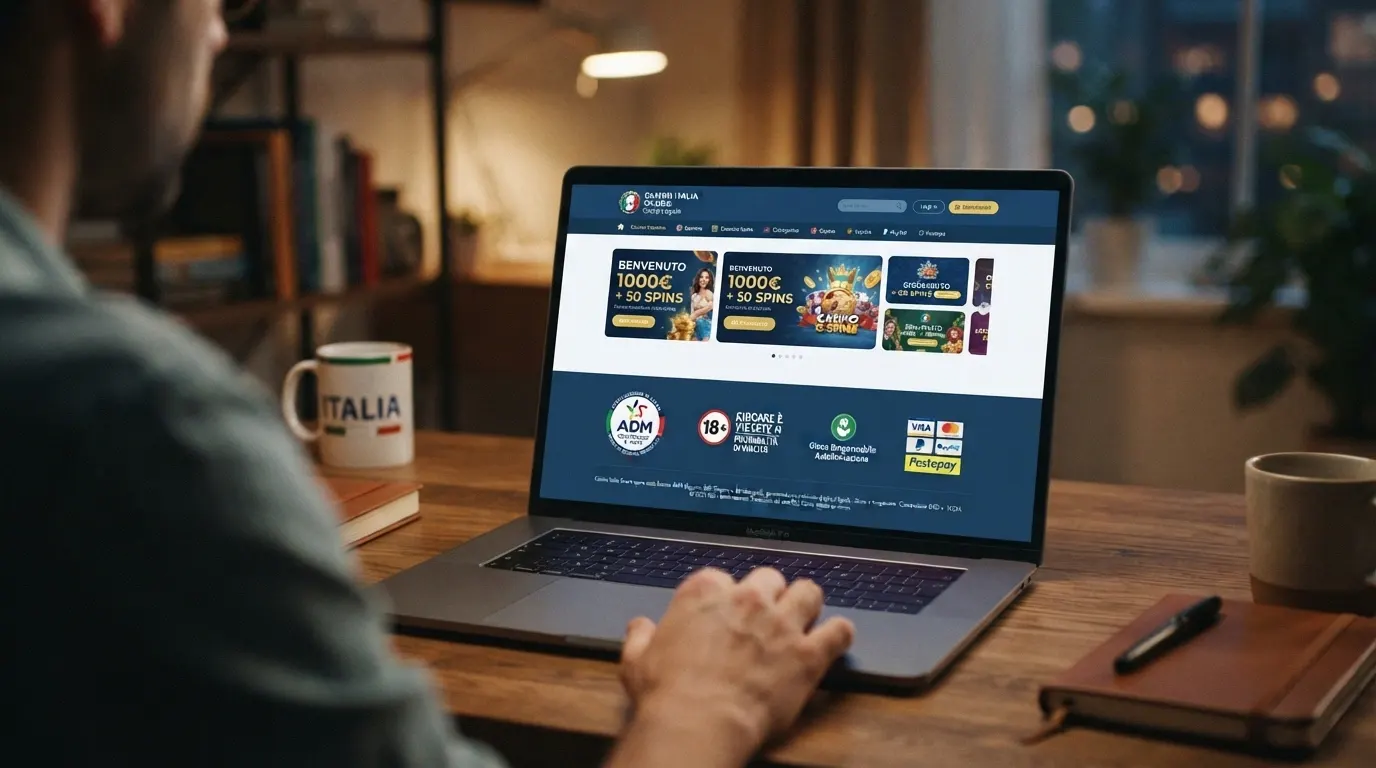 Il logo ufficiale ADM accanto alla schermata di un casinò online italiano con il numero di concessione in evidenza nel footer