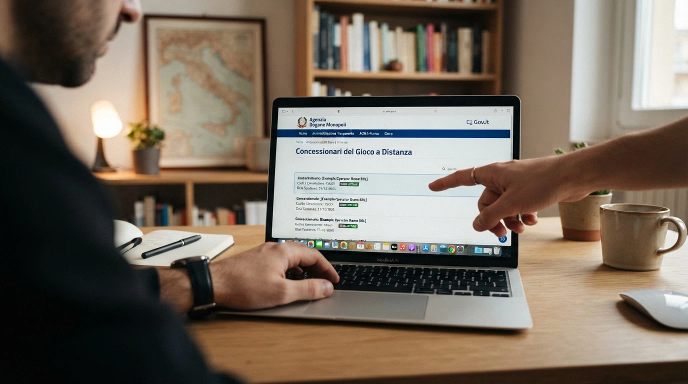Schermata del sito adm.gov.it con la sezione concessionari gioco a distanza aperta, un dito punta al numero di concessione evidenziato