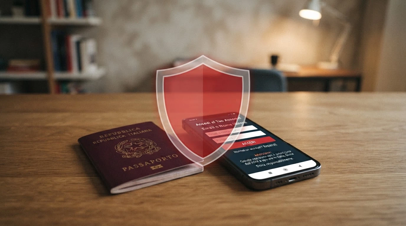Un passaporto italiano accanto allo schermo di uno smartphone che mostra la pagina di un casinò online con il simbolo di un lucchetto aperto, mentre in sovrimpressione compare il logo ADM barrato