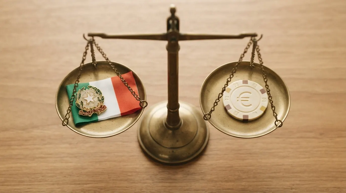 Una bilancia che pesa da un lato il logo ADM con la bandiera italiana e dall'altro il simbolo di Bitcoin Cash con un punto interrogativo
