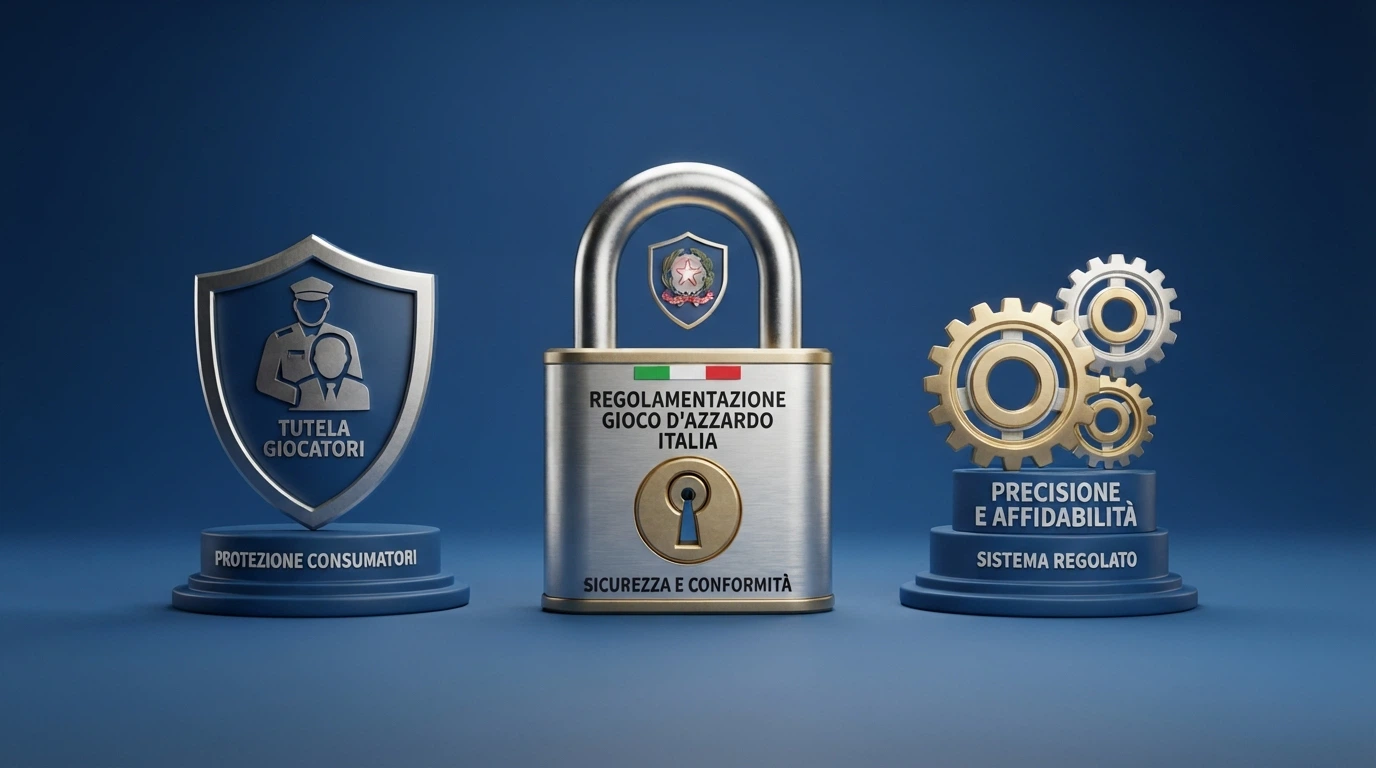 Il logo dell'Agenzia delle Dogane e dei Monopoli su uno sfondo blu istituzionale, con icone che rappresentano i pilastri della regolamentazione: un lucchetto (sicurezza), un documento (concessione) e uno scudo (tutela del giocatore)