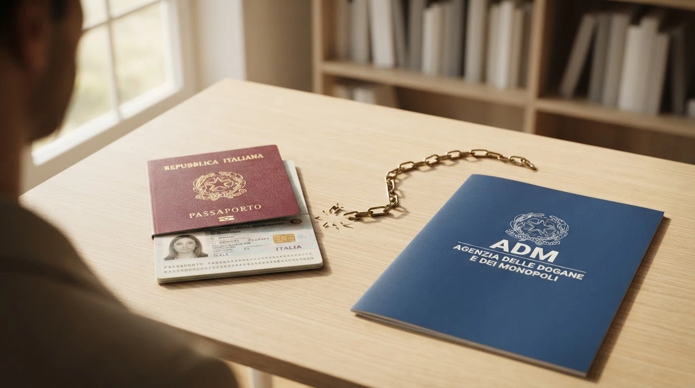 Un passaporto italiano affiancato a un documento con sigillo «ADM» e una catena spezzata sul lato opposto
