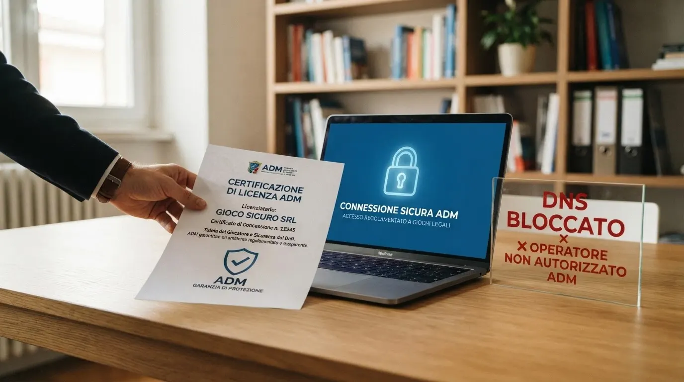 Il logo ufficiale dell'ADM accanto a un lucchetto aperto e a uno schermo con la scritta «DNS blocked» — le tutele che hai e quelle che perdi