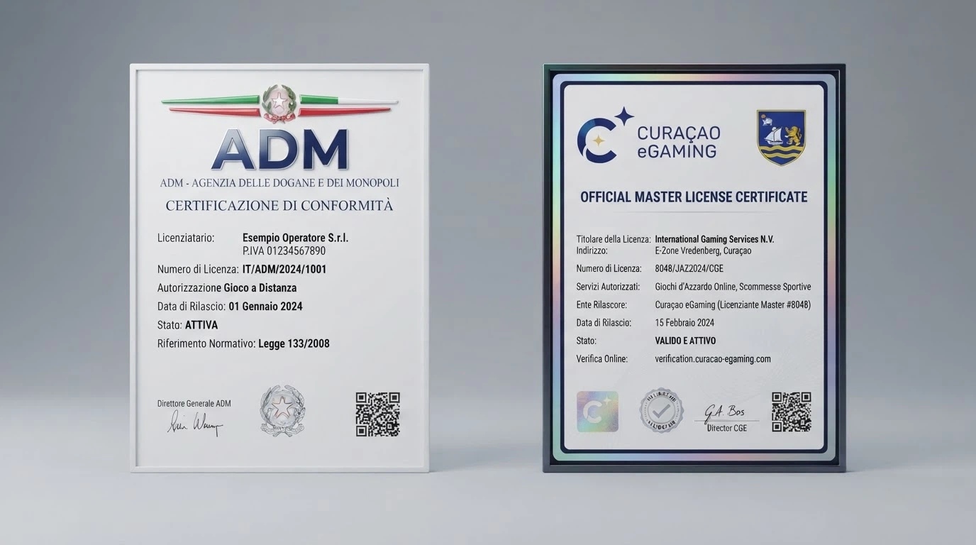 Un confronto visivo fra il sigillo ADM e un certificato di licenza Curaçao eGaming, affiancati sullo schermo