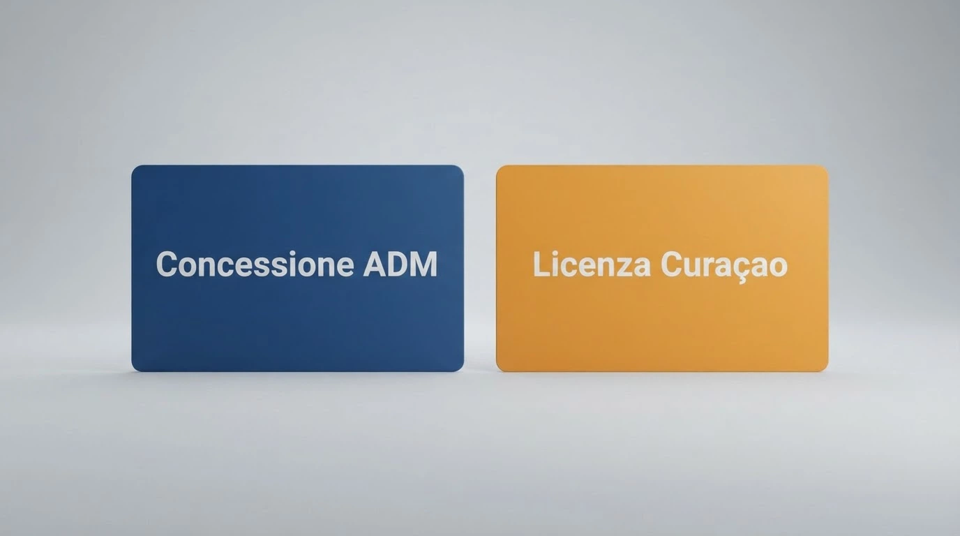 Il logo dell'Agenzia delle Dogane e dei Monopoli accanto al simbolo di una licenza internazionale Curaçao