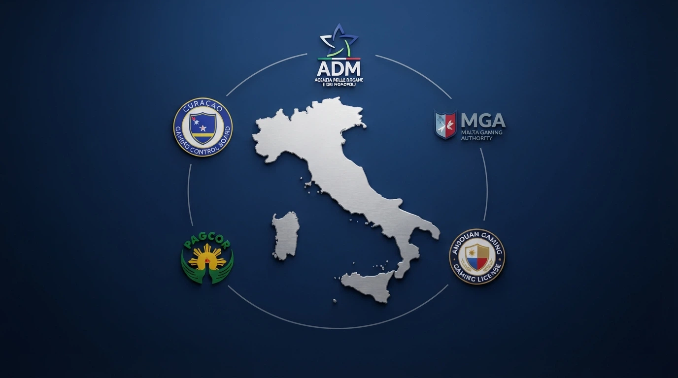 Il logo dell'Agenzia delle Dogane e dei Monopoli accanto ai loghi delle autorità di licenza estere (Curaçao, MGA, Anjouan), con una mappa stilizzata dell'Italia sullo sfondo