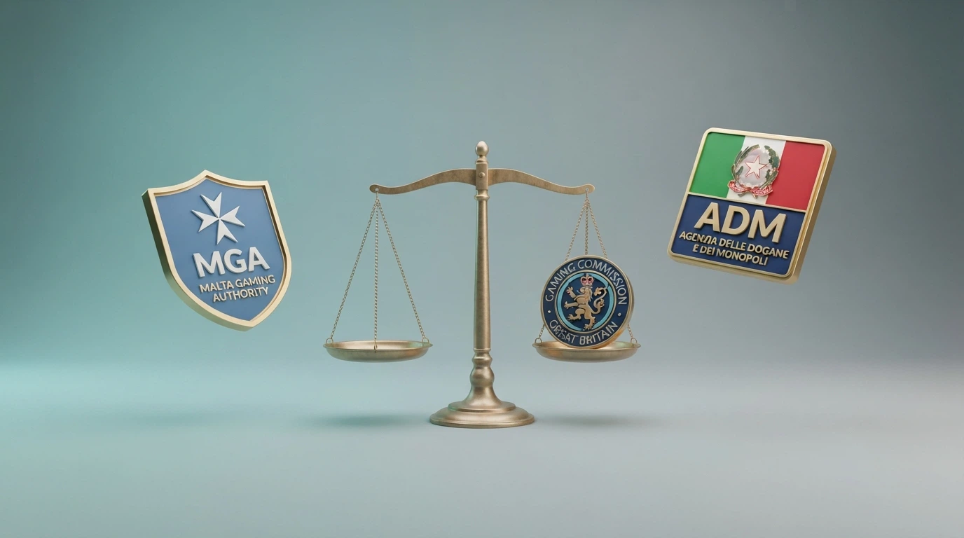 Tre badge di licenza affiancati — MGA (Malta), UKGC (Regno Unito), ADM (Italia) — con una bilancia che pende verso il badge ADM per indicare le tutele aggiuntive