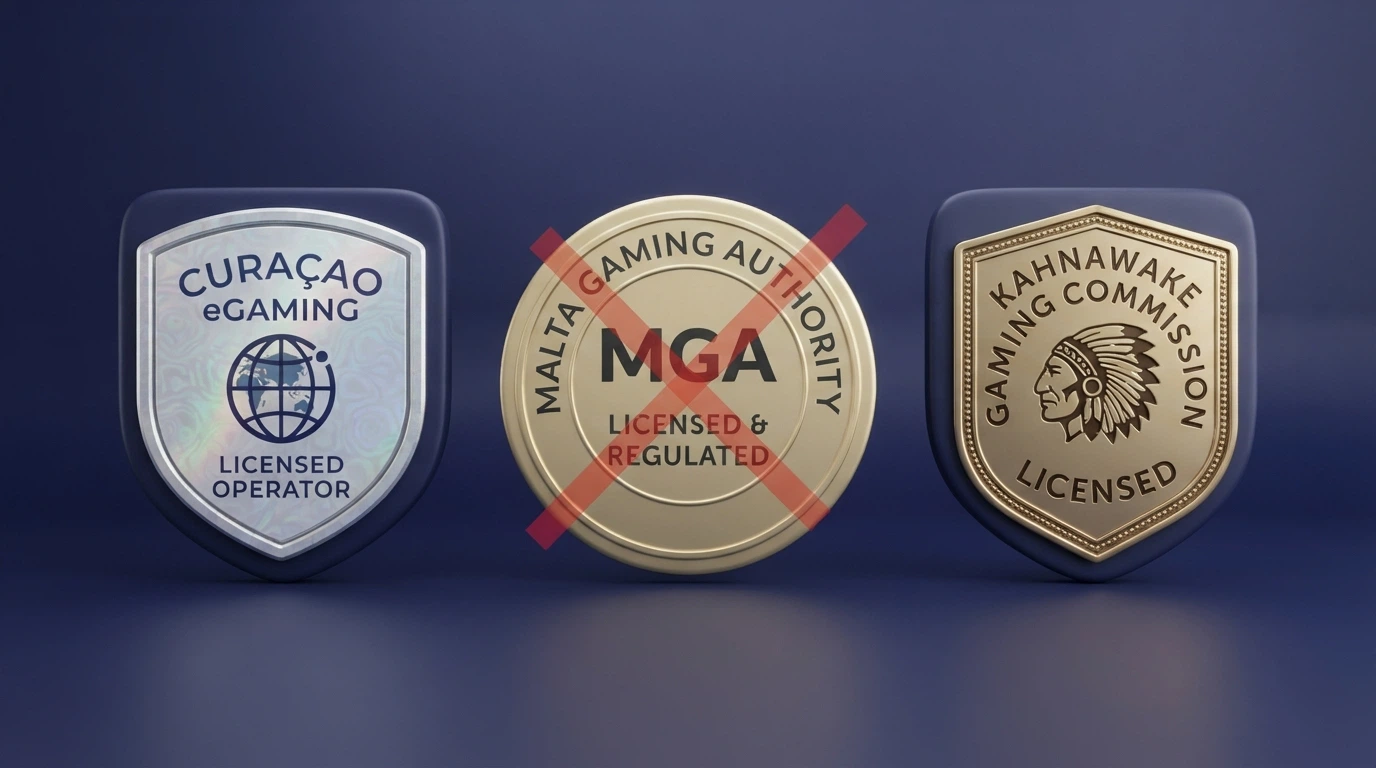 Tre badge di licenza affiancati — Curaçao eGaming, MGA e Kahnawake — con sovrapposto in trasparenza il logo dell'ADM barrato da una linea rossa