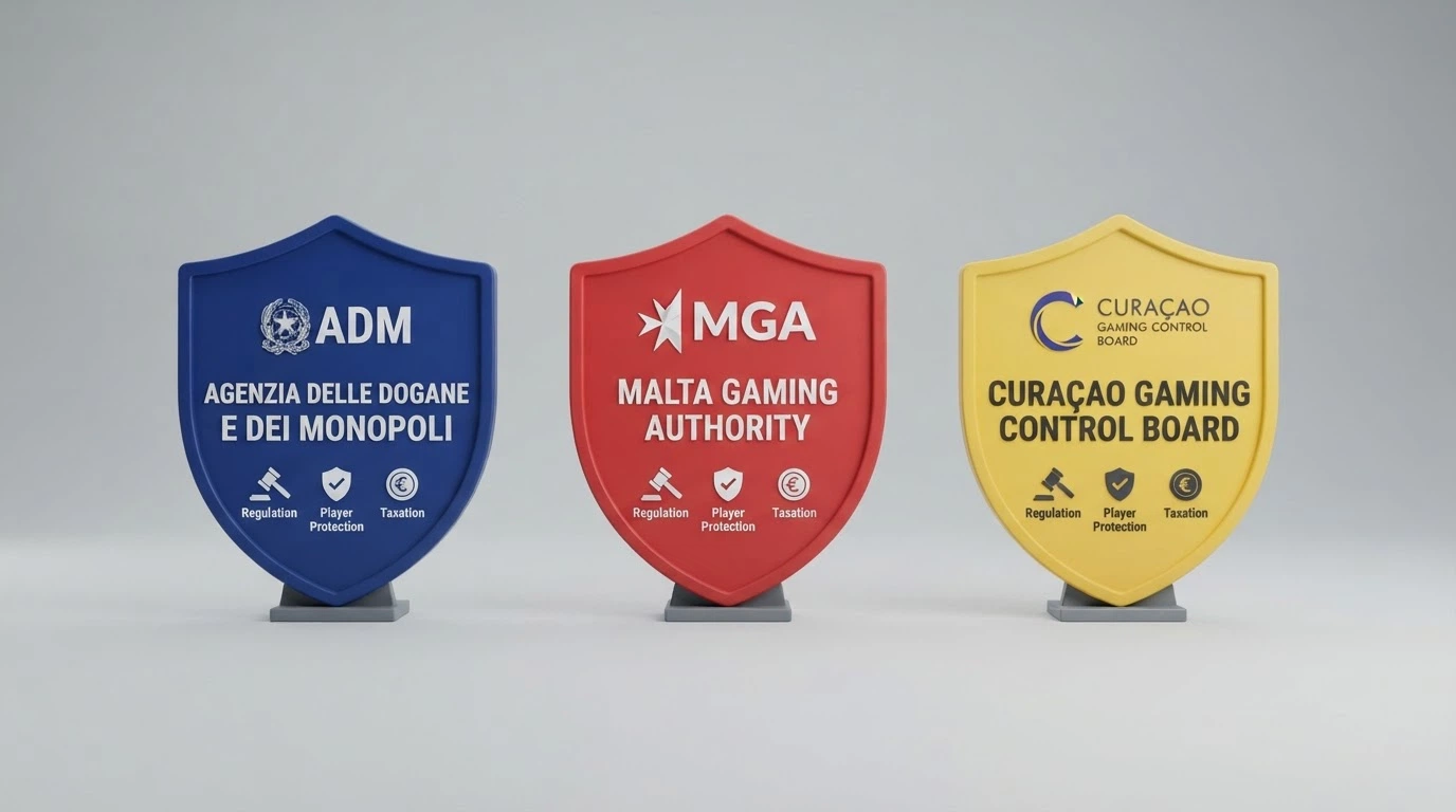 Infografica che mette a confronto le tre principali giurisdizioni di licenza — ADM, MGA e Curaçao — con icone per tutele del giocatore, autoesclusione e tassazione delle vincite