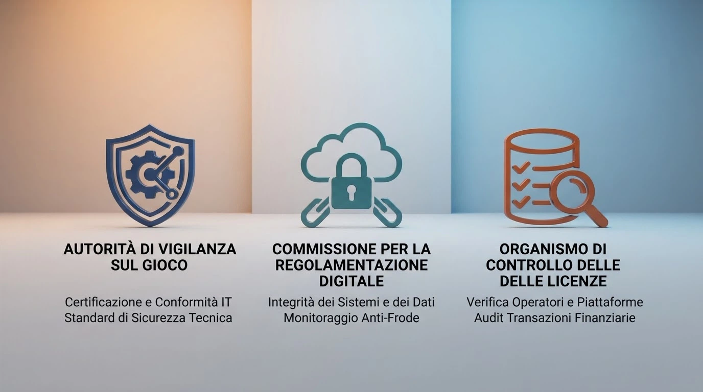 Un confronto visivo tra i simboli delle giurisdizioni di licenza: il logo ADM accanto ai loghi di Curaçao Gaming Control Board e MGA Malta, con una mappa concettuale delle tutele che ciascuna offre.