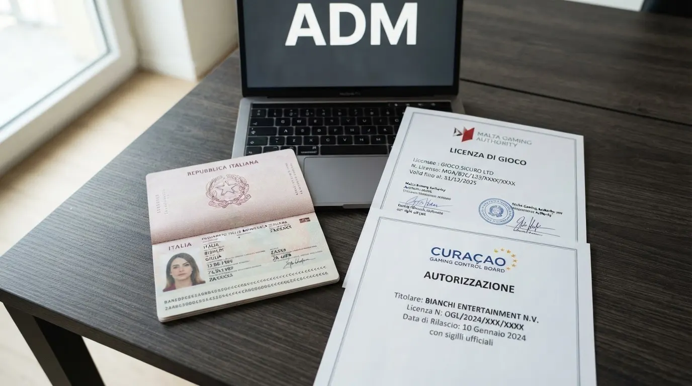 Un passaporto italiano accanto a certificati di licenza di Curaçao e MGA su uno schermo, con il logo ADM in evidenza