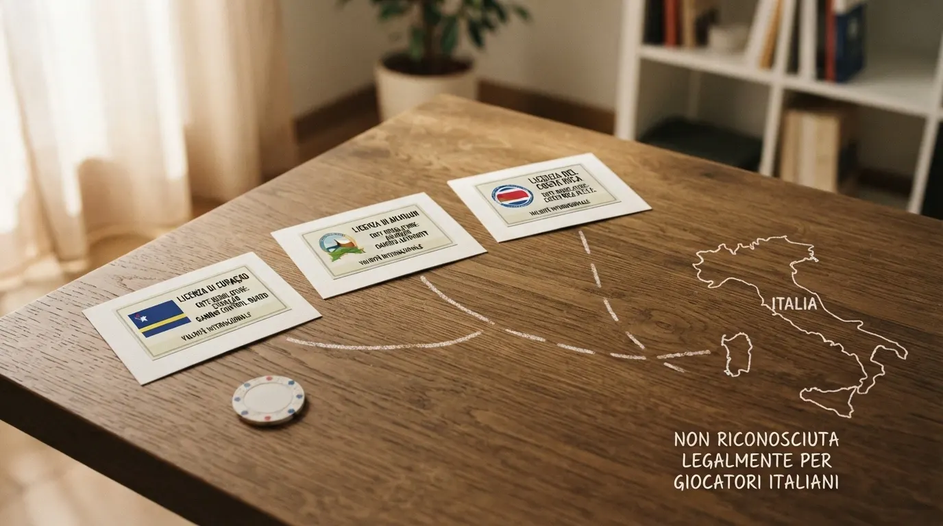 Mappa stilizzata di Curaçao, Anjouan e Costa Rica — le tre giurisdizioni di licenza più frequenti tra i casinò non ADM recensiti — con i rispettivi sigilli ufficiali e una linea tratteggiata verso l'Italia a indicare l'assenza di riconoscimento legale