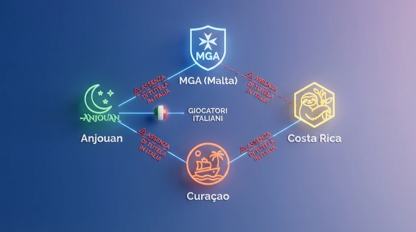 Una mappa concettuale che collega i quattro tipi di licenza estera (Curaçao, MGA, Anjouan, Costa Rica) alle tutele assenti per il giocatore italiano: RUA, ricorso legale, tassazione agevolata