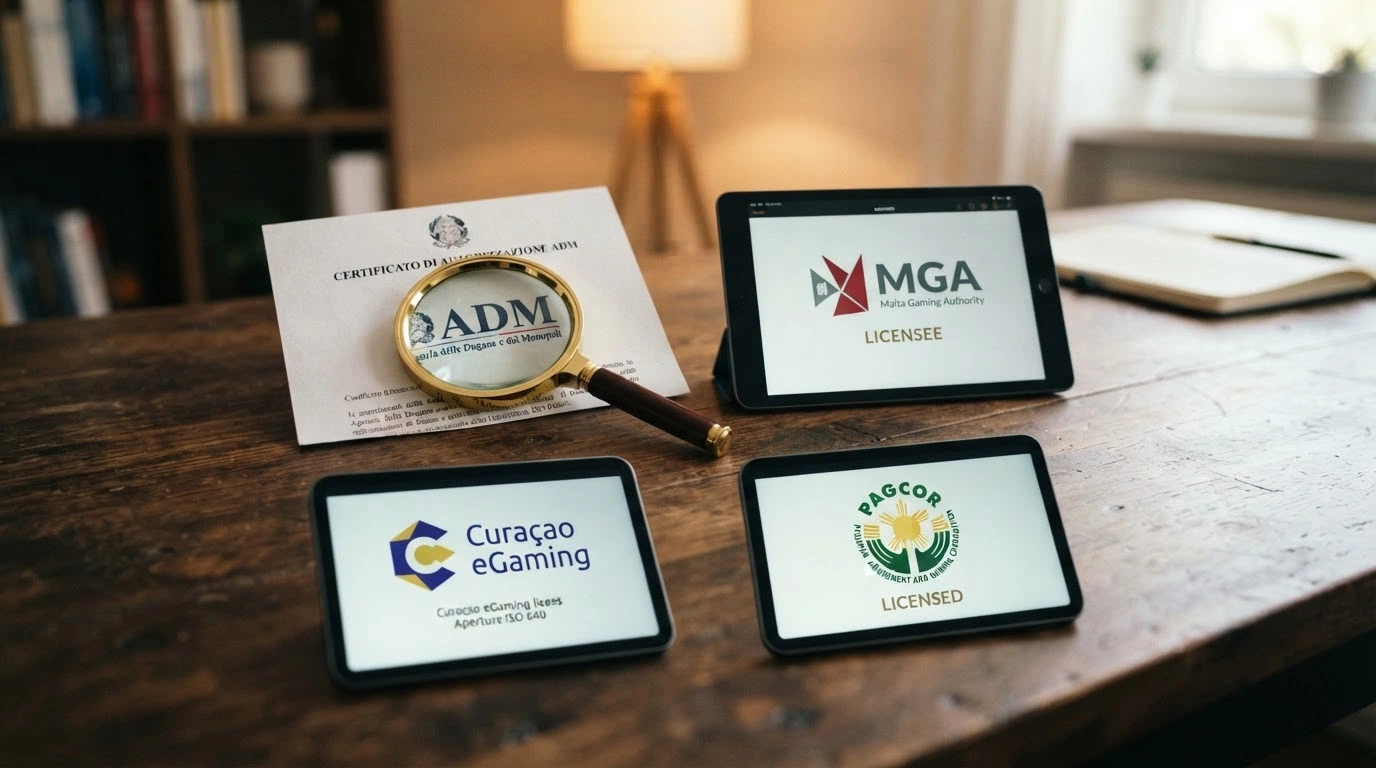Il logo dell'ADM accanto ai loghi di MGA, Curaçao eGaming e PAGCOR su uno sfondo di testo normativo italiano