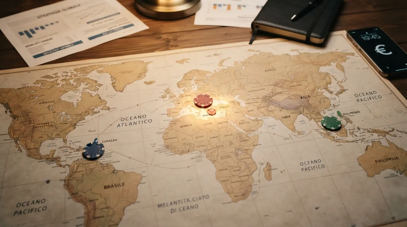 Una mappa concettuale che collega le giurisdizioni offshore (Curaçao, Malta, Filippine) ai casinò non AAMS, con l'Italia in evidenza e il simbolo del blocco DNS