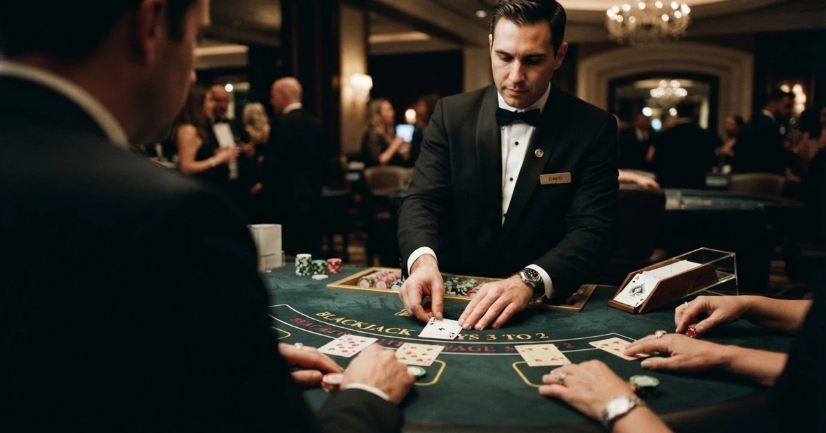Un tavolo di blackjack live con croupier in smoking, carte distribuite sul panno verde, interfaccia di puntata sullo schermo