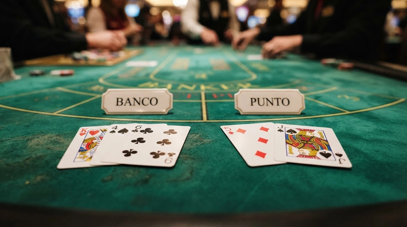 primo piano di due mani di carte da baccarat affiancate sul tavolo verde, una marcata Banco e una Punto, con i valori visibili