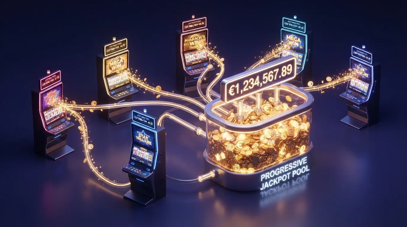 Schema che illustra il funzionamento di un jackpot progressivo in rete: più casinò contribuiscono allo stesso montepremi centrale