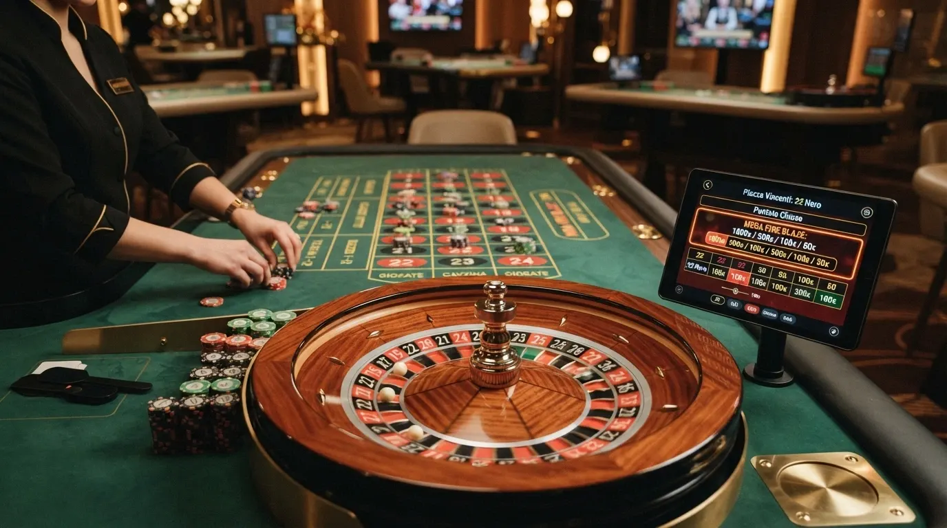 Il tavolo Mega Fire Blaze Roulette Live di Playtech con la ruota in primo piano, il display dei moltiplicatori bonus acceso e l'interfaccia delle puntate in italiano