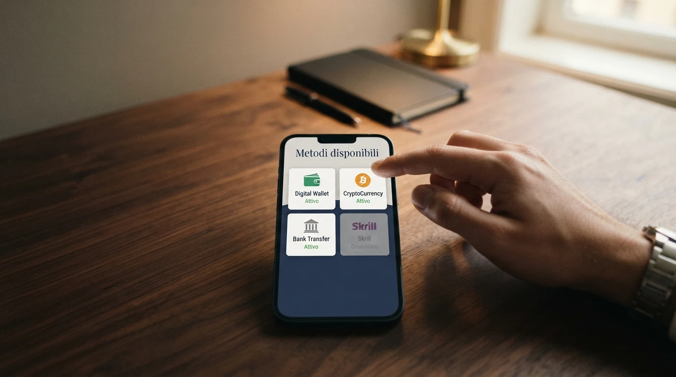 Una schermata di checkout che mostra diverse icone di metodi di pagamento — PayPal in grigio o disattivato, Skrill, Neteller, Bitcoin e bonifico bancario attivi