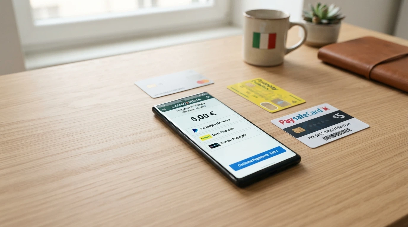 Una schermata di pagamento di un casinò online con le icone di PayPal, Postepay e Paysafecard e l'importo «5,00 €» selezionato