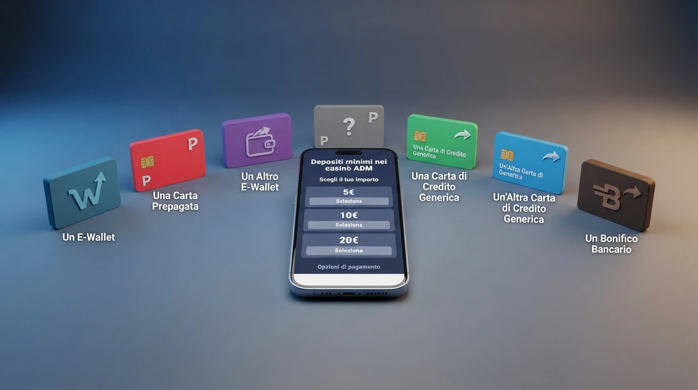 Le icone dei principali metodi di pagamento accettati nei casinò ADM: PayPal, Postepay, Skrill, Paysafecard, Visa, Mastercard e bonifico bancario, con l'indicazione della soglia minima accanto a ciascuno.