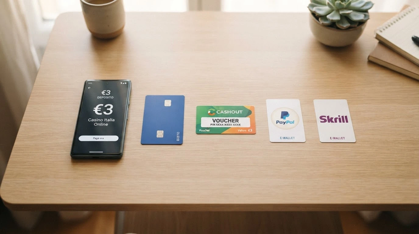 Le icone di PayPal, Postepay, Skrill, paysafecard e una carta di credito disposte in fila su sfondo neutro