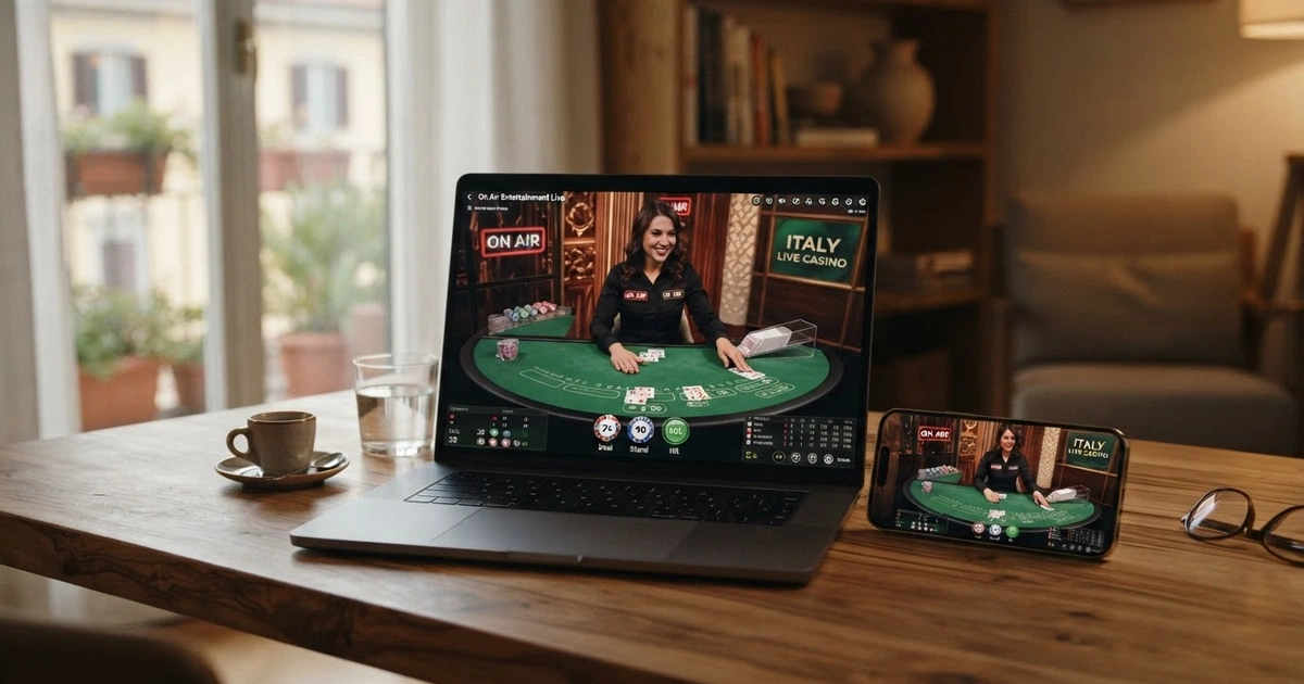 Interfaccia di un casinò online italiano con tavolo da gioco live Microgaming aperto su schermo desktop e smartphone affiancati