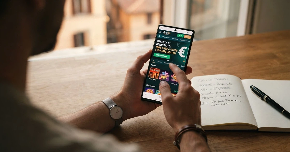 Una mano che tiene uno smartphone con la schermata di un casinò online in italiano, sullo sfondo una calcolatrice e un foglio con numeri annotati