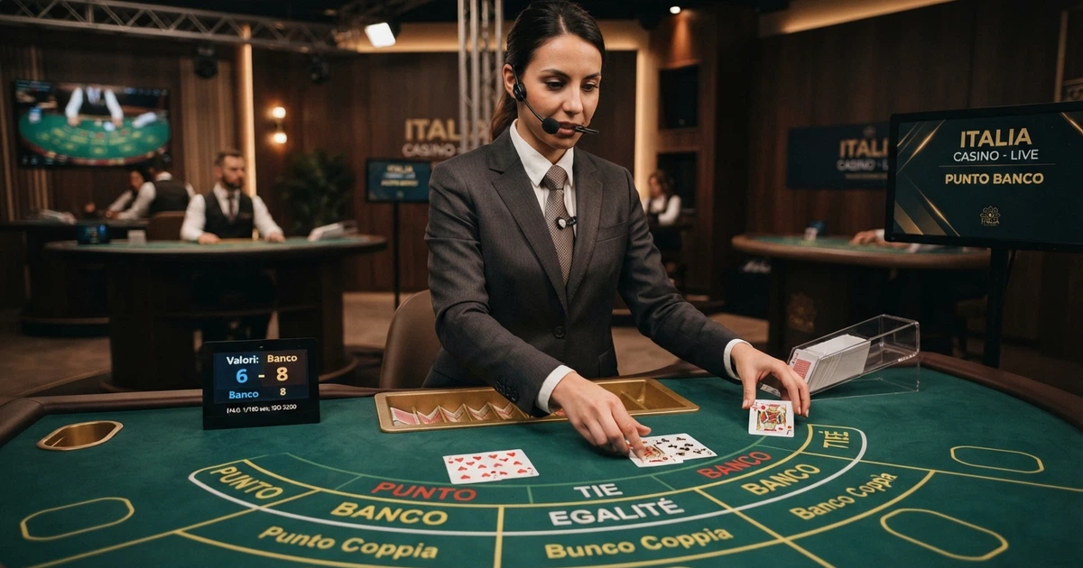 Tavolo da punto banco live con dealer professionale in un casinò online, inquadratura frontale con le aree di puntata Punto, Banco ed Egalité visibili