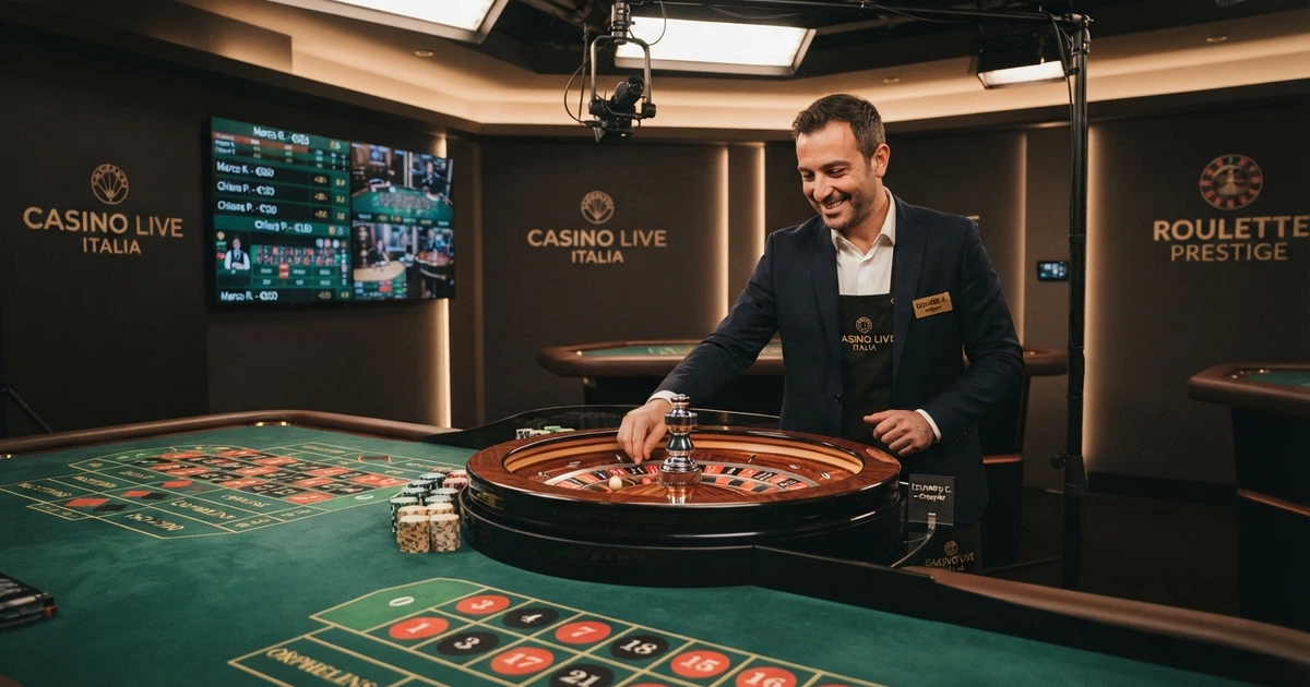 Un tavolo di roulette live con croupier dal vivo in uno studio professionale, inquadratura multi-angolazione, illuminazione calda, monitor alle spalle con statistiche di gioco