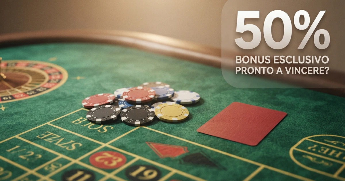 Un tavolo da casinò virtuale con una percentuale di rimborso evidenziata in sovrimpressione su chip e carte da gioco